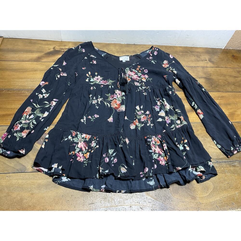 Jade By Johnny Was Women’s Floral Long Sleeve Tasseled Tie Front Boho Medium